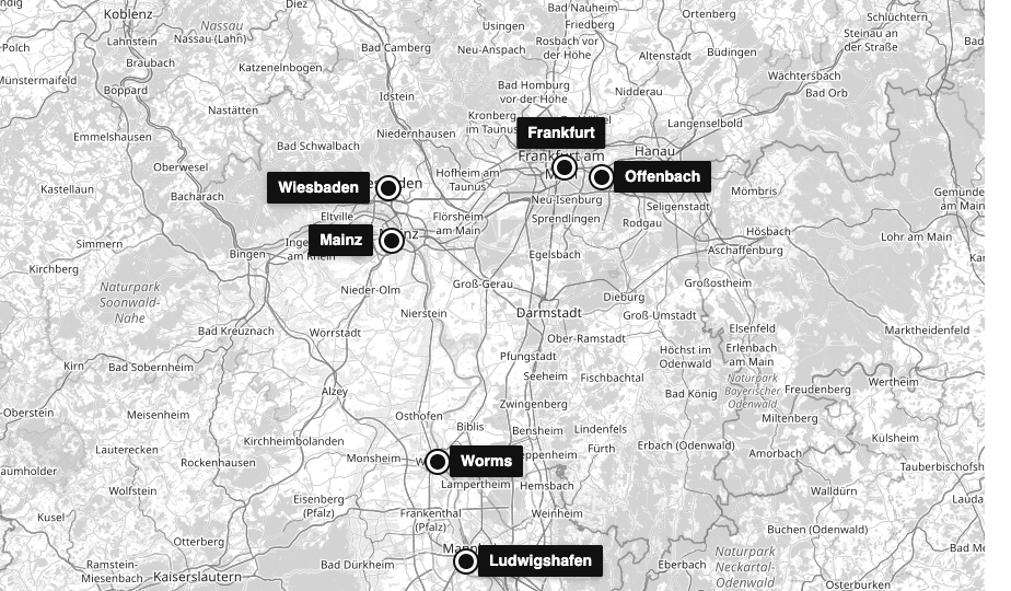 Karte: Frankfurt, Offenbach, Wiesbaden, Mainz, Worms, Ludwigshafen